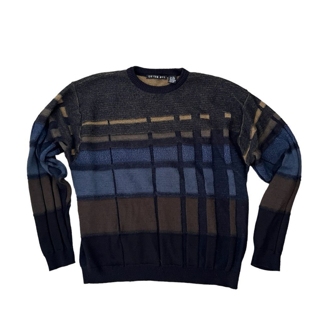 Cotton Reel geometric pattern merino wool blend knit sweater brown blue tonal XL